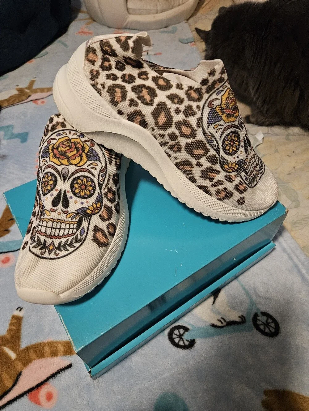 Leopard Sugar Skull Slip-On Sneakers - White/Brown